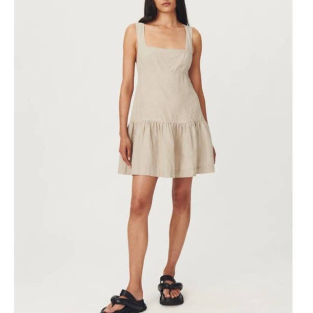 ROWIE Leonie Linen Mini Dress Small Almond Tan Beige Quiet Luxury Minimalist